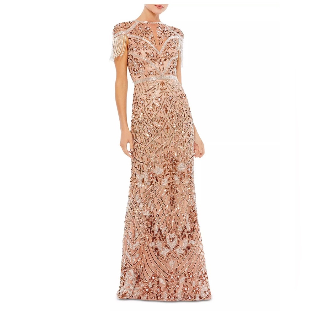 Mac Duggal Embellished Fringe Sleeve Gown